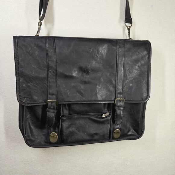 Vintage Leather Satchel Black Mens Laptop Case Business Workwear Designer Buckle - Picture 3 of 15